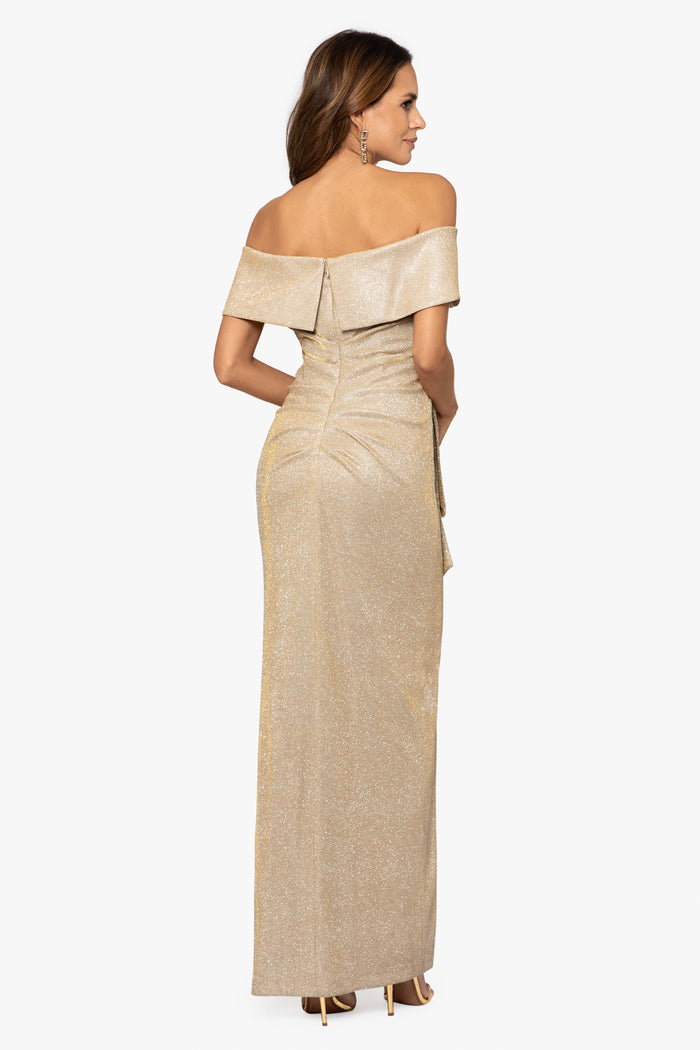 Gold/Silver “Tessa” Glitter Off the Shoulder Ruffle Dress, back view
