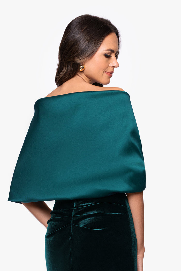 Pine “Thalia” Stretch Mikado Shawl Wrap, worn back view