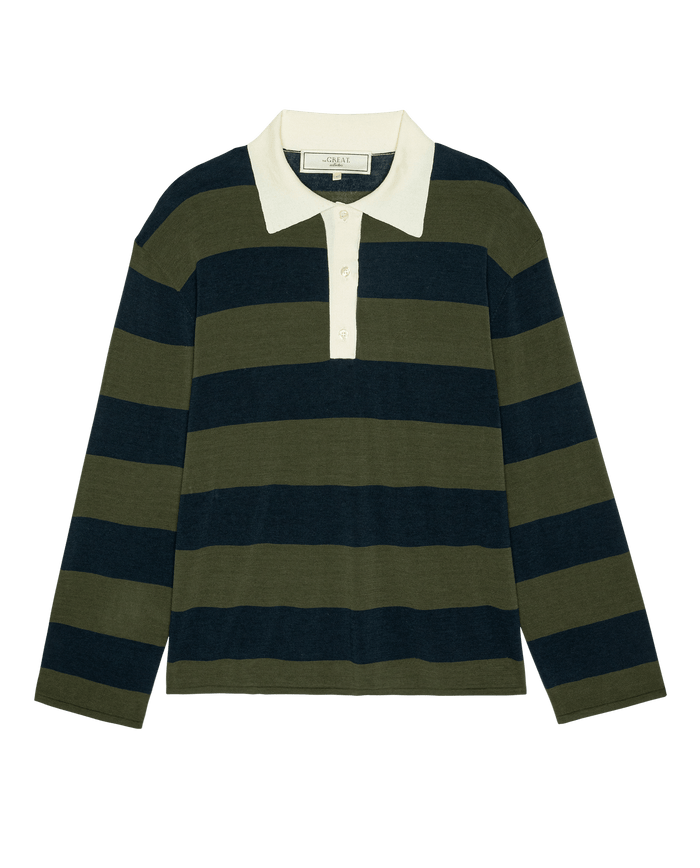 The Academy Polo Sweater – Army League Stripe by THE GREAT. F26 COLLECTORS features wide horizontal navy and olive green stripes, a crisp white collar, and a three-button front placket.