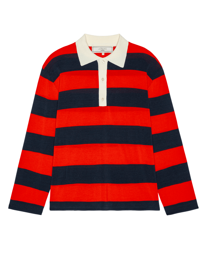 Introducing THE GREAT. F26 COLLECTORS' The Academy Polo Sweater in Hot Red League Stripe—a long-sleeve rugby polo featuring bold red and navy blue stripes, a classic white collar, and a buttoned placket.