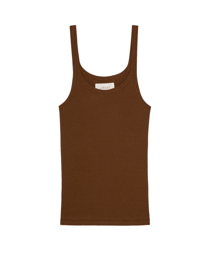 The Baby Rib Tank in Chocolate by THE GREAT. PF26 RIB KNITS is a vintage-style cotton undershirt with a crew neckline, shown flat against a plain white background.