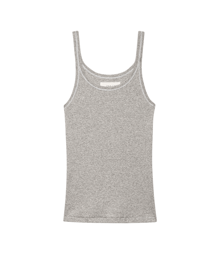 The Baby Rib Tank in Heather Grey by THE GREAT. SU25 BABY RIB, featuring thin shoulder straps, is displayed flat on a plain black background.
