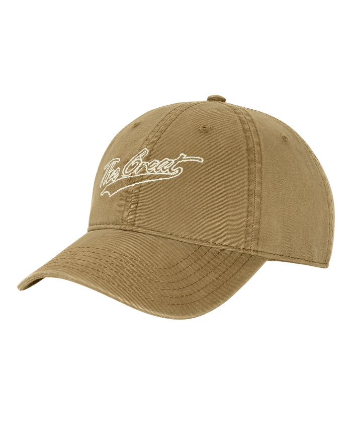 The Baseball Hat in Khaki by THE GREAT. PF26 features visible stitching and white "The Great" embroidery on the front, offering a stylish upgrade to any casual outfit.