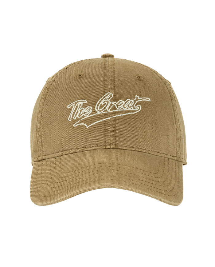 The Baseball Hat in khaki by THE GREAT. PF26 features white “The Great” embroidery on the front and is shown against a plain white background.