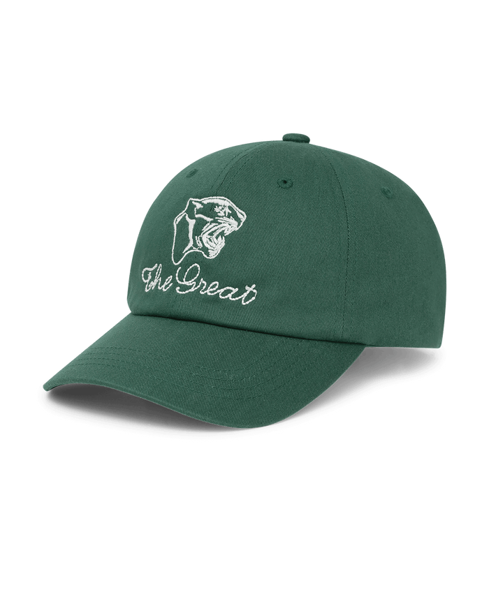 The Baseball Hat. Graphic -- Green by THE GREAT. F25 D1 ACCESSORIES is a green cotton cap with vintage-style embroidery of a roaring panther and "The Great" on the front.