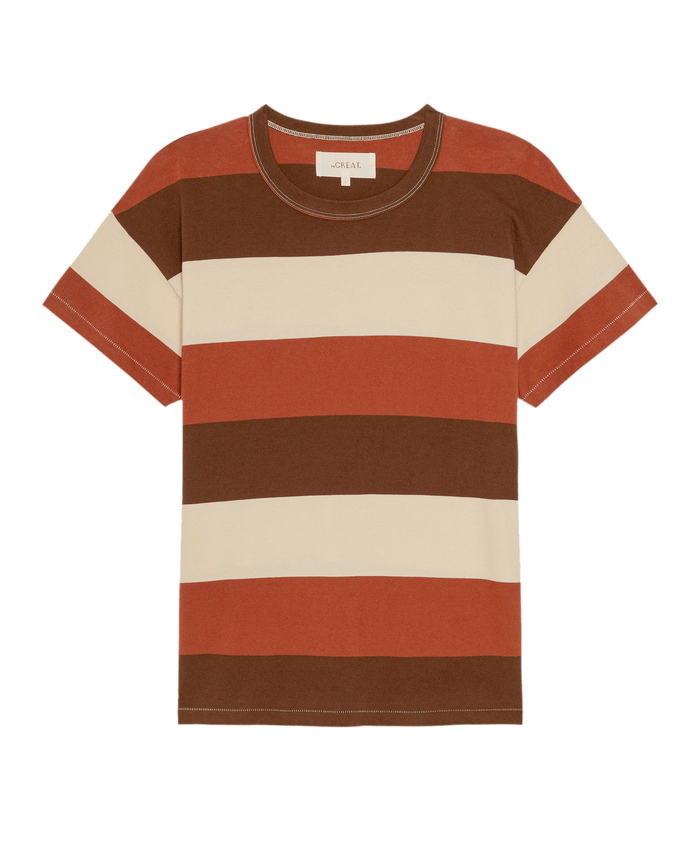 The Boxy Crew. -- Ashwood Stripe by THE GREAT. PF26 is a short-sleeve t-shirt with wide cream, brown, and rust orange stripes, inspired by vintage style and shown on a plain white background.