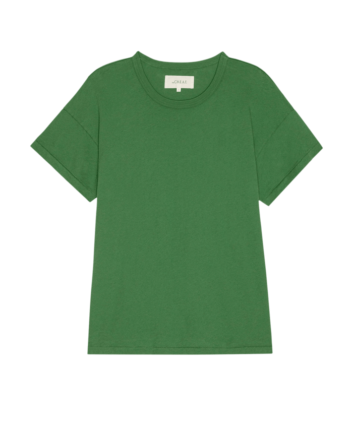 The Boxy Crew. Solid -- Fennel by THE GREAT., a women's short-sleeve boxy t-shirt in green, is shown laid flat on a white background.