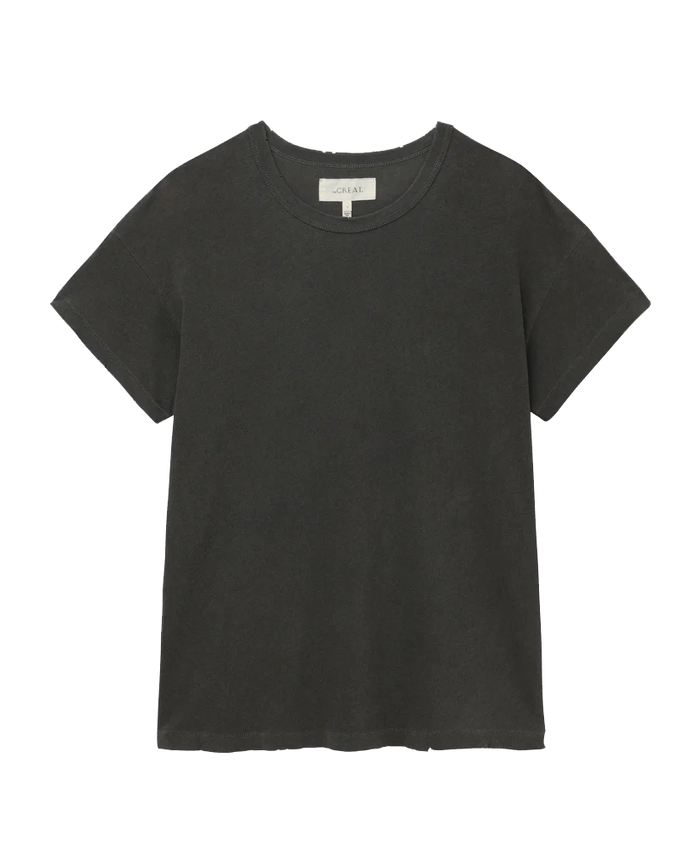 A plain black short-sleeve crew neck T-shirt named The Boxy Crew, Solid -- Washed Black by THE GREAT. CORE KNITS, made from 100% cotton and displayed on a white background.