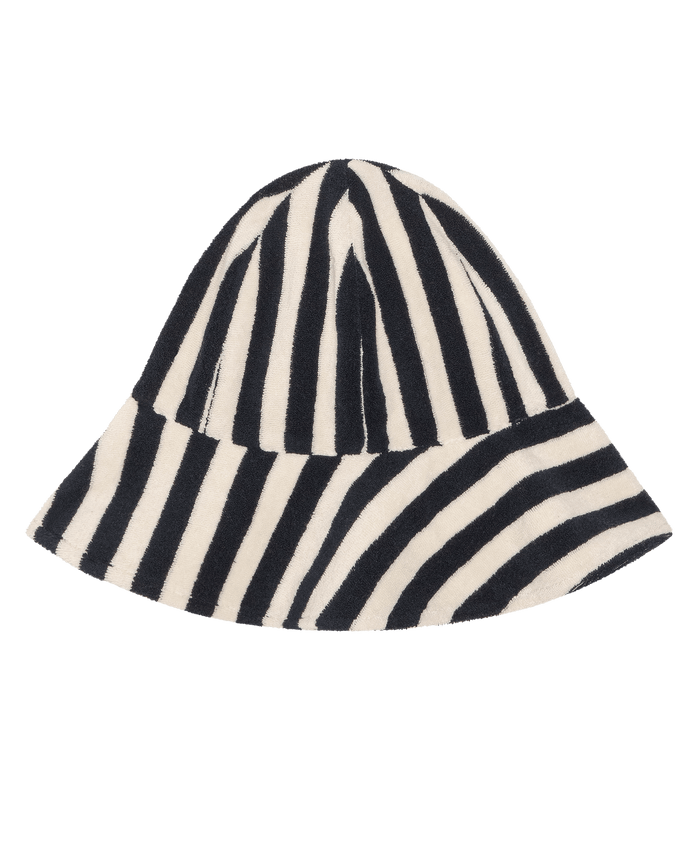 The Bucket Hat by THE GREAT. SU26 in Navy Shoreside Stripe, featuring a wide brim and stylish stripes, is displayed on a plain white background—perfect for sunny days.