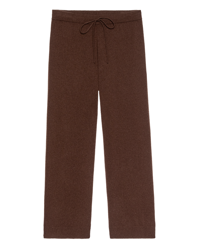The Cashmere Lantern Pant in Chocolate by THE GREAT. H25 CASHMERE features a drawstring waist, straight legs, and ankle-length hems—ideal luxury loungewear, shown laid flat on a white background.