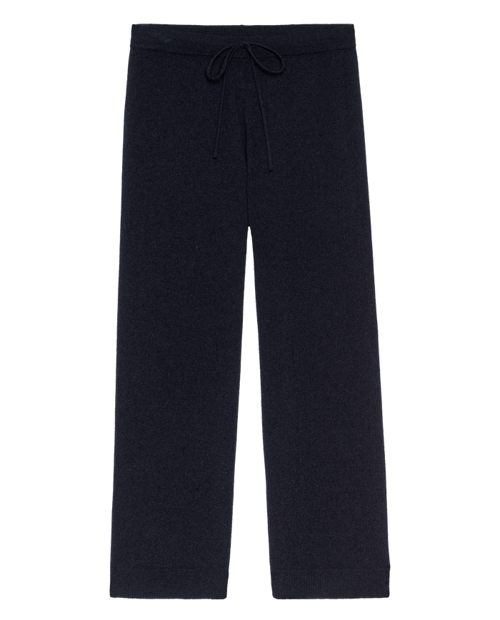 The Cashmere Lantern Pant in navy by THE GREAT. H25 CASHMERE features a wide-leg silhouette, elastic waistband, and drawstring—luxury loungewear designed for stylish relaxation.