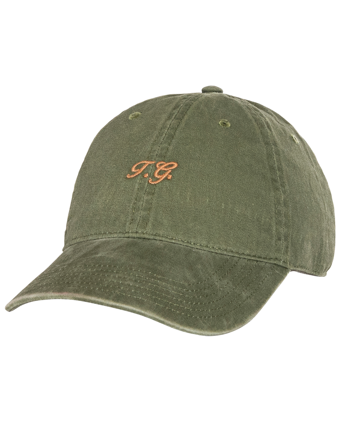 The Classic Baseball Hat - Army by THE GREAT. H25 BRIGHT FLEECEBACK features an olive green color, curved brim, small yellow "T.G." vintage-inspired embroidery, and an adjustable back for comfort.