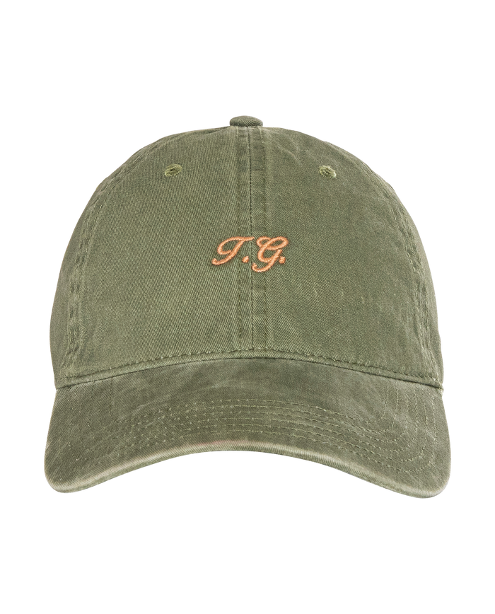 The Classic Baseball Hat — Army by THE GREAT. H25 BRIGHT FLEECEBACK features vintage-inspired "T.G." embroidery on olive green, with an adjustable back for a custom fit.