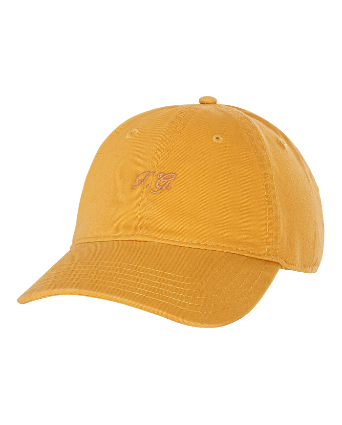 The Classic Baseball Hat in bright yellow by THE GREAT. H25 BRIGHT FLEECEBACK features small pink "PG" vintage-inspired embroidery on the front, displayed against a white background.