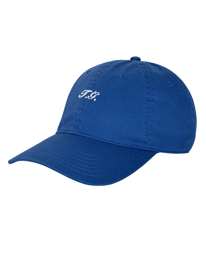 The Baseball Hat in Cobalt by THE GREAT. SU26 features white embroidered "FR" initials on the front, shown against a plain white background.