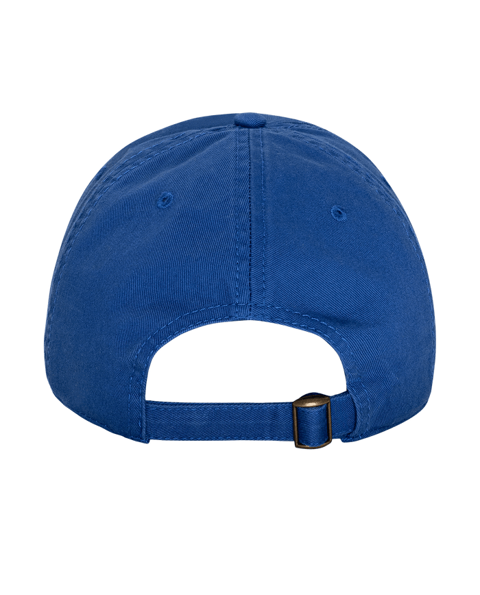 Back view of THE GREAT. SU26 The Baseball Hat in cobalt, featuring an adjustable strap and metal clasp on a plain white background—a must-have for any collection.