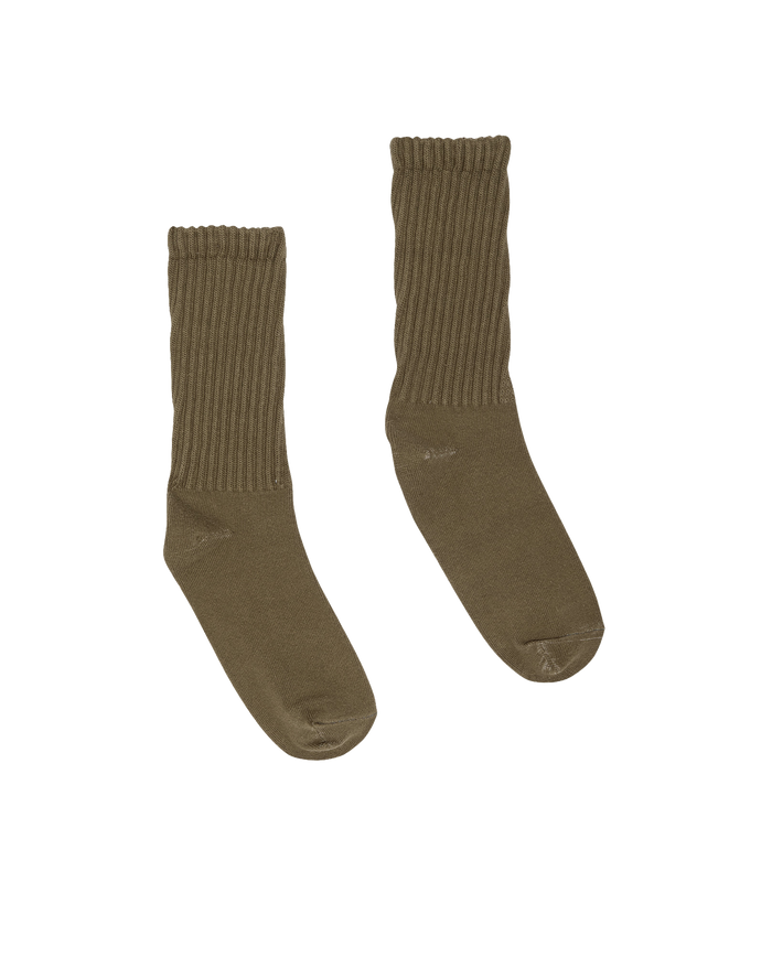 The Classic Crew Sock in Army by THE GREAT. H25 BRIGHT FLEECEBACK—olive green ribbed cotton crew socks shown laid flat on a white background.