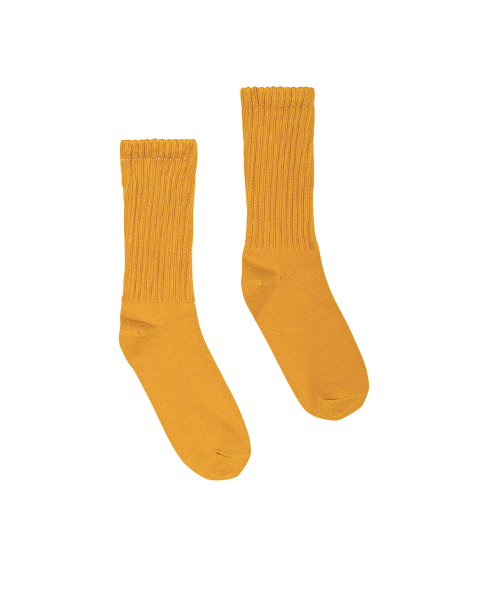 The Classic Crew Sock in bright yellow by THE GREAT. H25 BRIGHT FLEECEBACK, crafted from soft cotton yarn, shown on a plain white background.