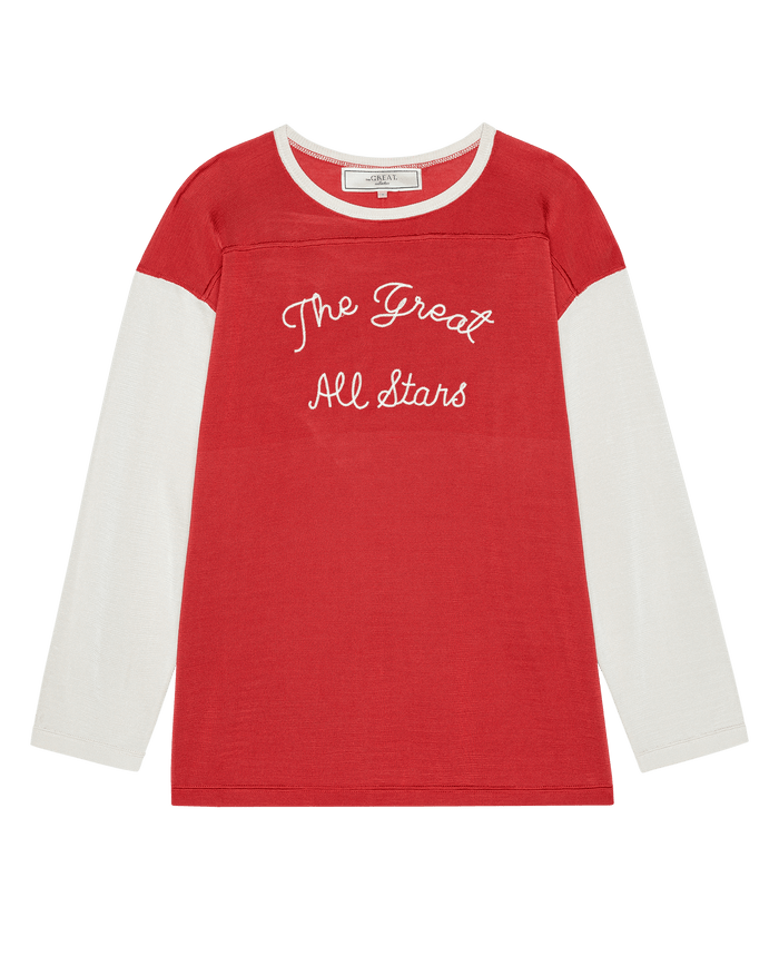 True Red and cream long-sleeve "The Collectors Sport Tee" by THE GREAT. F26 COLLECTORS, featuring "The Great All Stars" in white script on the front.