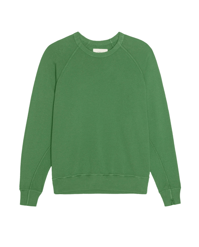 The College Sweatshirt in Solid Fennel by THE GREAT. SU26 SEASONAL CORE features a classic crewneck, long sleeves, ribbed cuffs and hem; shown laid flat on a white background.