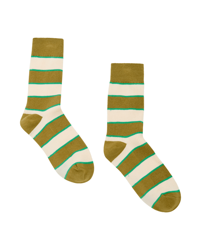 A pair of The Collegiate Sock -- Green by THE GREAT. F26 D1, featuring wide olive green and off-white horizontal stripes with thin aqua blue accent lines.