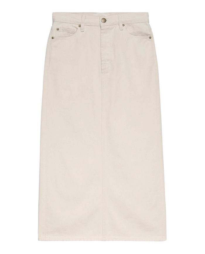 The Column Skirt in Natural by THE GREAT. PF24 showcases a timeless silhouette with a high-waisted, straight-cut denim design, featuring five-pocket detailing and a front button closure.