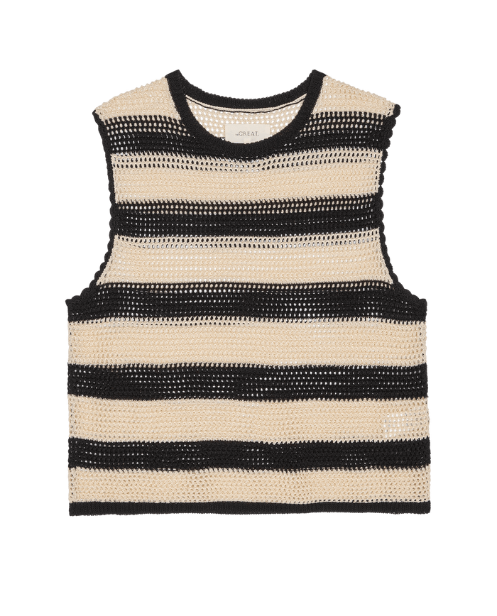 THE GREAT. SU26 The Crochet Sweater Shell in black and cream features a sleeveless design, horizontal stripes, crew neckline, and straight hem, shown on a white background.
