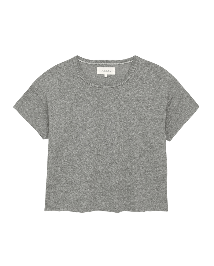 The Crop Tee in Heather Grey by THE GREAT. CORE KNITS features a short-sleeve, round neckline design crafted from super soft cotton, showcased against a white background.