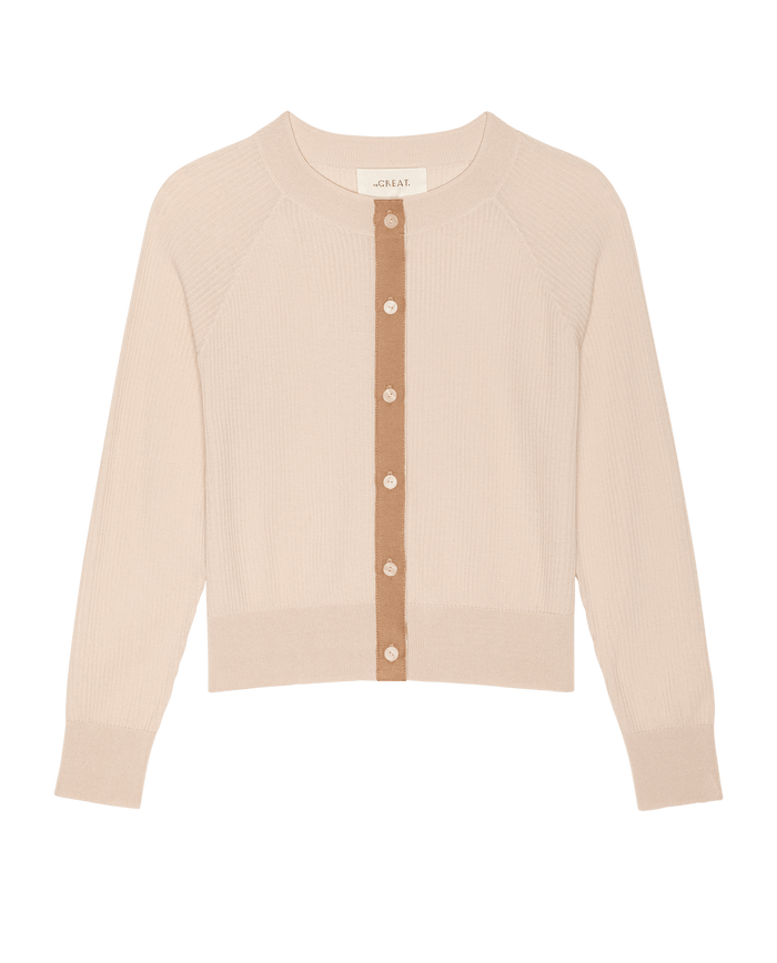 The EMME Dainty Cardigan in Soft Petal features beige ribbed long sleeves, a contrasting tan button placket with matching buttons, and is shown on a white background—a perfect lightweight sweater for year-round layering.