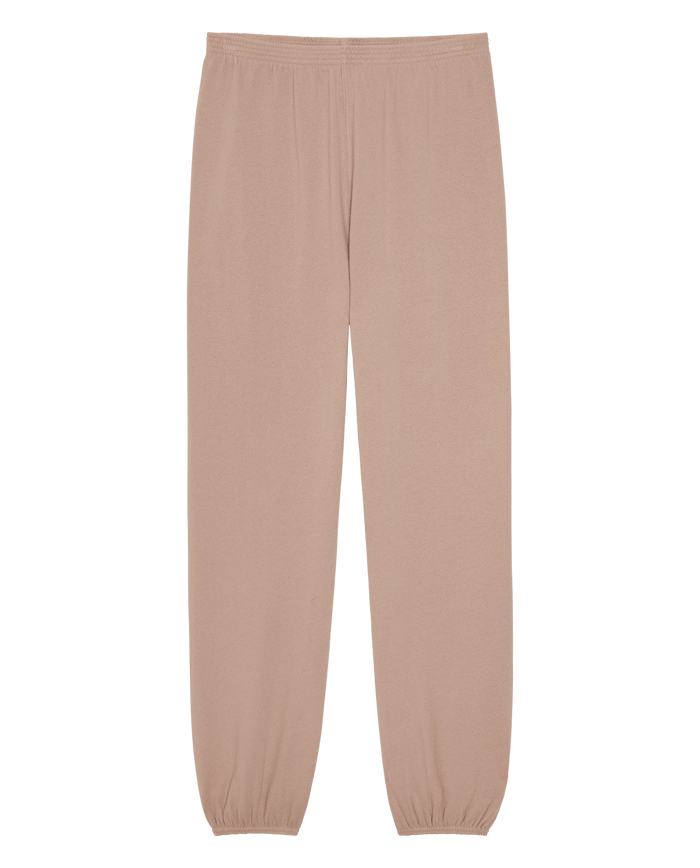 Ballet pink sweatpants from THE GREAT. PF26 DANCER KNIT BODIES, The Dance Pant., featuring an elastic waistband and elastic cuffs, are laid flat on a white background—perfect as comfortable dancewear or stylish dance pants for any routine.