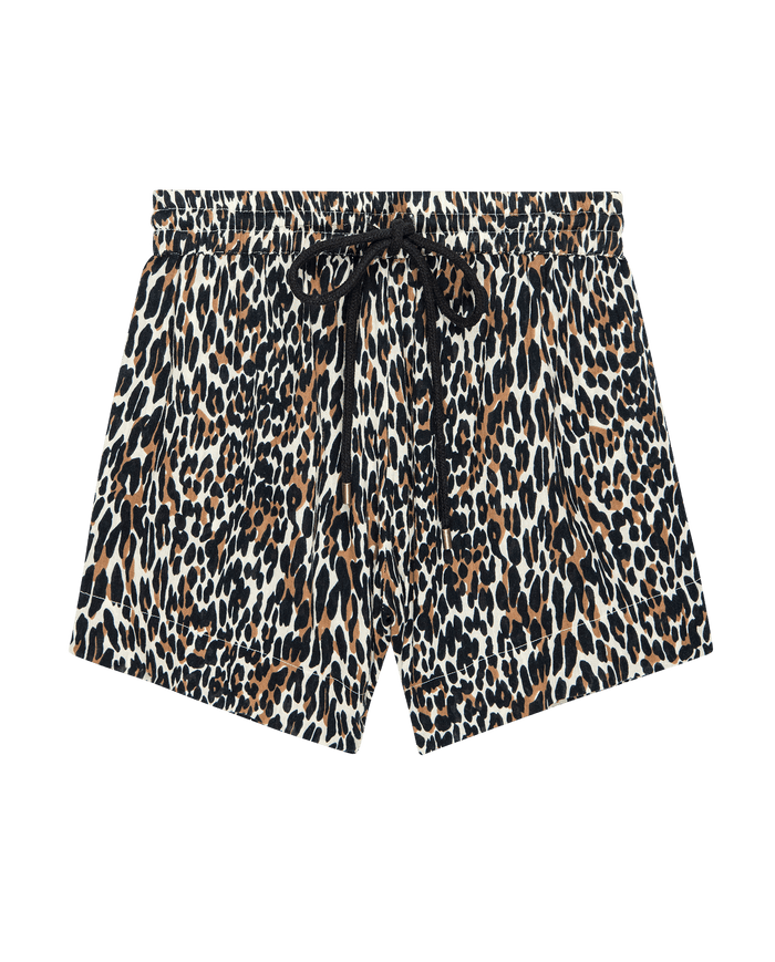 The Delta Short -- Leopard by THE GREAT. SP26 SWIM features cotton gauze fabric, an elastic waistband, and drawstring, shown flat on a white background.