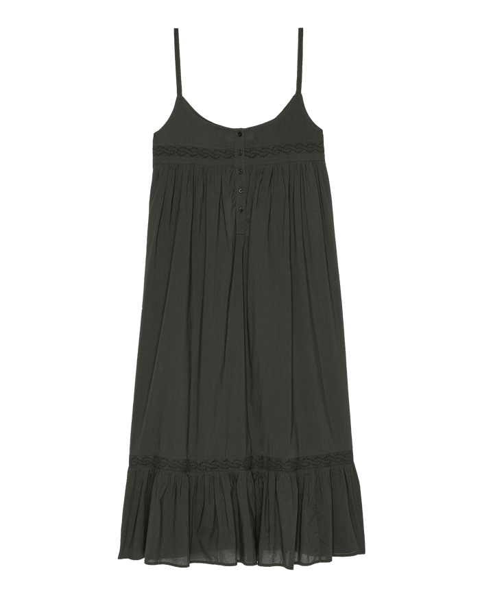 The Eyelet Ruffle Tank Night Dress by THE GREAT. PS25 SLEEP is a sleeveless, black dress with thin straps and buttoned front, highlighted by Victorian-inspired eyelet lace trim accents, crafted from lightweight cotton voile for a breezy feel.