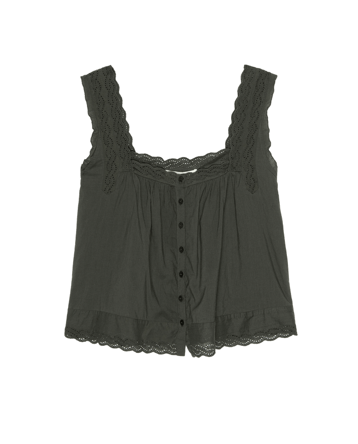 The Eyelet Tank by THE GREAT. PS25 SLEEP is a black, sleeveless blouse with lace trim and button-down front, crafted from cotton voile. Its square neckline adds elegance, offering the perfect blend of style and comfort.