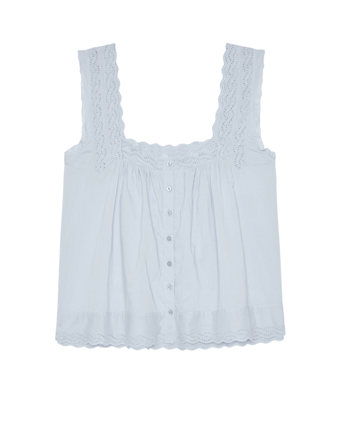 The Eyelet Tank in Rainwater by The Great. SP26 Sleep is a light blue, sleeveless cotton voile top with lace trim, a flowy silhouette, button-down front, and scalloped edges on the straps and hem.