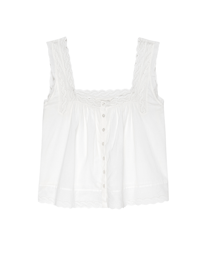 The Eyelet Tank by THE GREAT. PS25 SLEEP is a true white sleeveless blouse made from cotton voile, featuring lace straps, front buttons, a flowy silhouette, scalloped edges, and intricate embroidery.