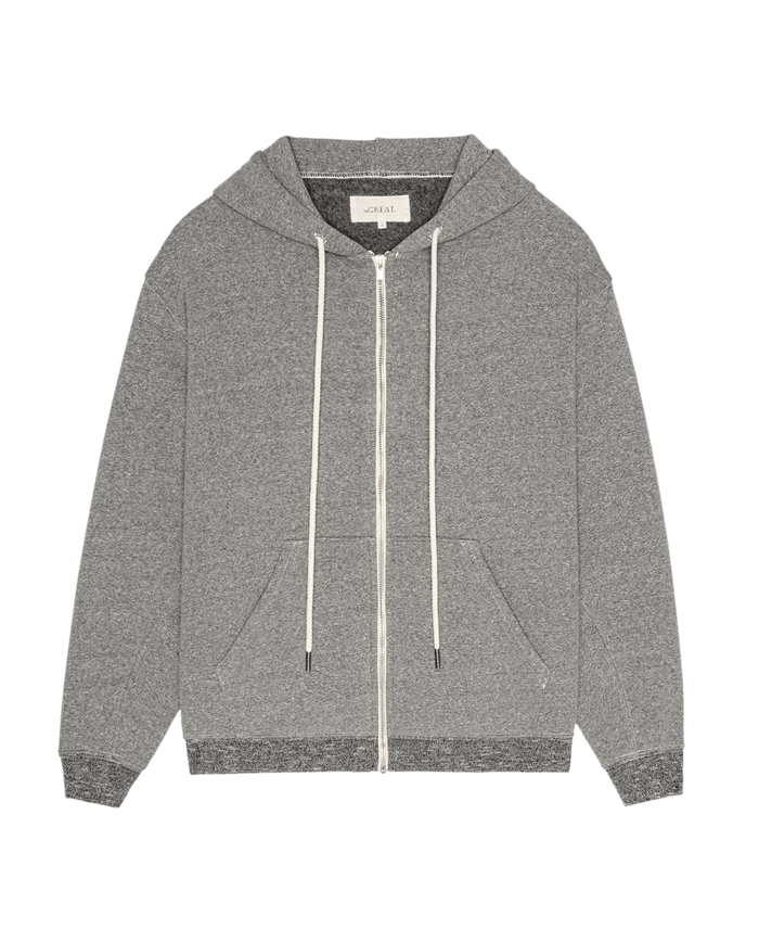 The Fleece Campus Hoodie in Dark Heather Grey by THE GREAT. F26 D1 FLEECE BACK KNITS is laid flat on a white background, featuring front pockets, white drawstrings, and a hood.