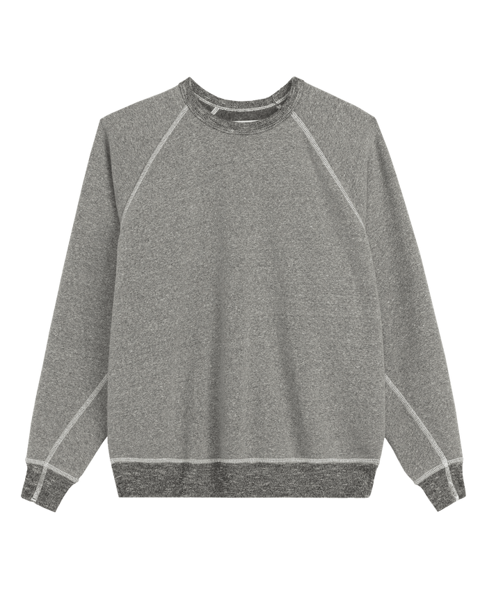 The Fleece College Sweatshirt in Solid -- Dark Heather Grey by THE GREAT. (F26 D1 FLEECE BACK KNITS) is a long-sleeved crewneck displayed on a white background, featuring visible white stitching along the seams.