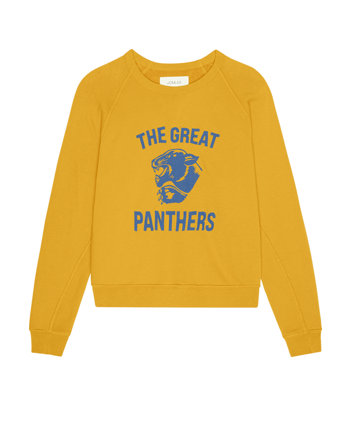 THE GREAT. F26 D1 The Fleece Rookie Sweatshirt w/ Growling Panther Graphic in mustard, featuring blue "The Great Panthers" text and a growling panther graphic on the front, laid flat on a white background.
