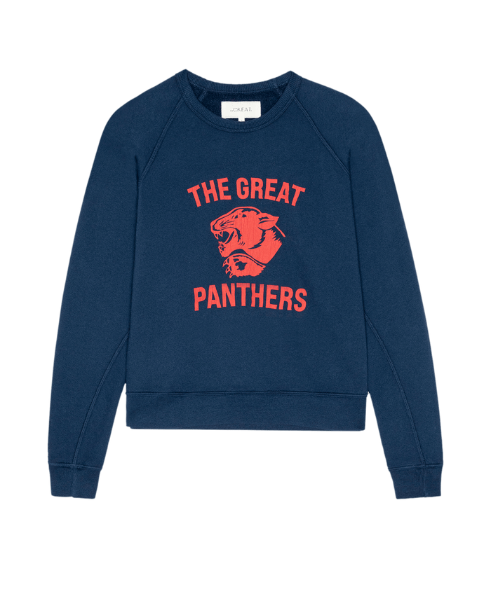 True navy "The Fleece Rookie Sweatshirt w/ Growling Panther Graphic" by THE GREAT. F26 D1, featuring "THE GREAT PANTHERS" text and a red, stylized growling panther head graphic on the front.