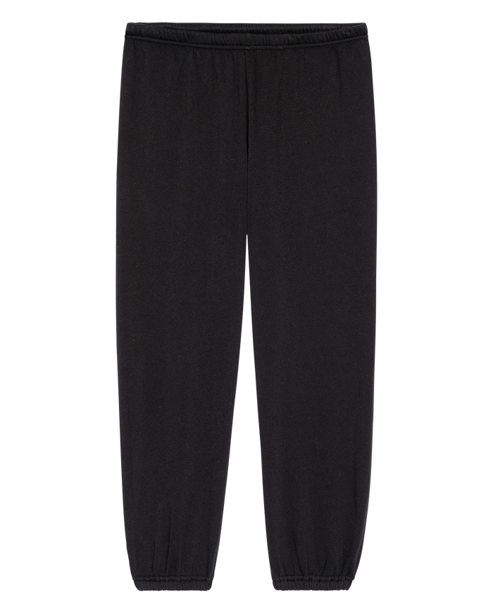 The Fleece Stadium Sweatpant in Almost Black by THE GREAT. H25 CORE FLEECEBACK, featuring an elastic waistband and cuffs, shown flat on a white background.