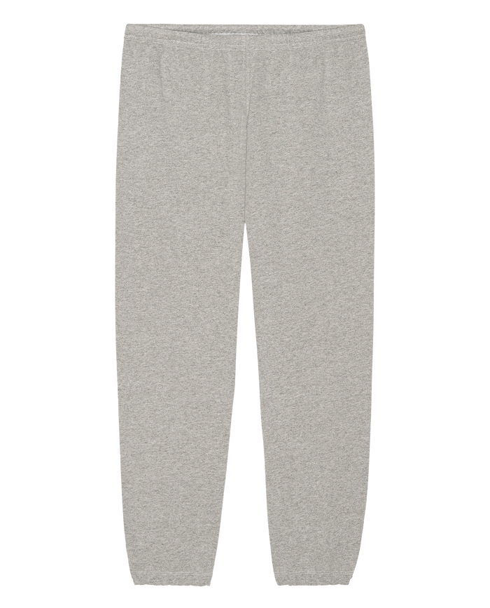 THE GREAT. H25 CORE FLEECEBACK The Fleece Stadium Sweatpant in Heather Grey, featuring an elastic waistband and elasticated cuffs, shown laid flat on a white background.