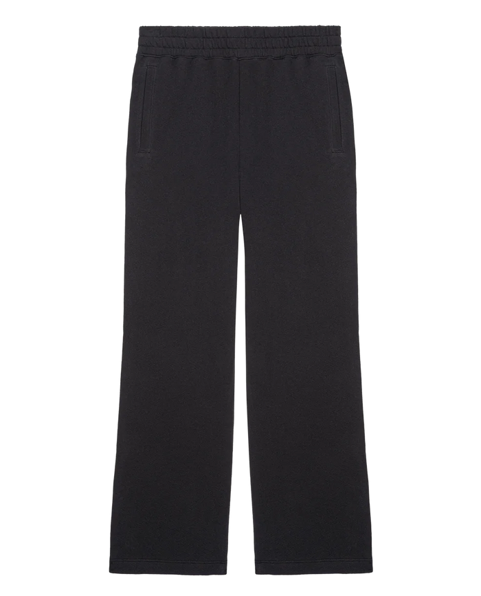 THE GREAT. H25 CORE FLEECEBACK The Fleece Victory Sweatpant in Almost Black features a straight-leg fit, elastic waistband, and side pockets, shown against a white background.