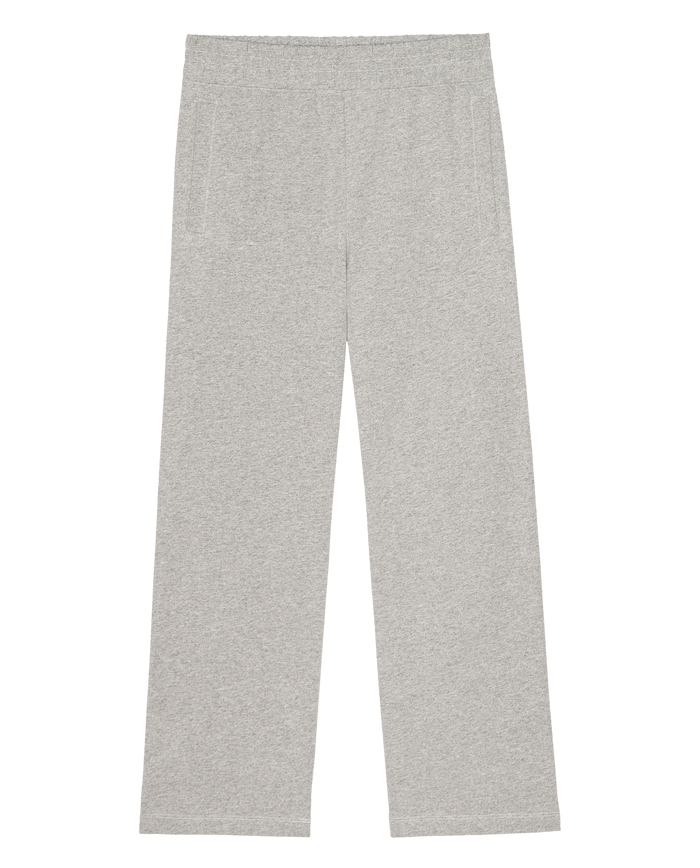 THE GREAT. H25 CORE FLEECEBACK The Fleece Victory Sweatpant in Heather Grey, featuring a straight-leg fit, elastic waistband, and side pockets, displayed flat on a white background.