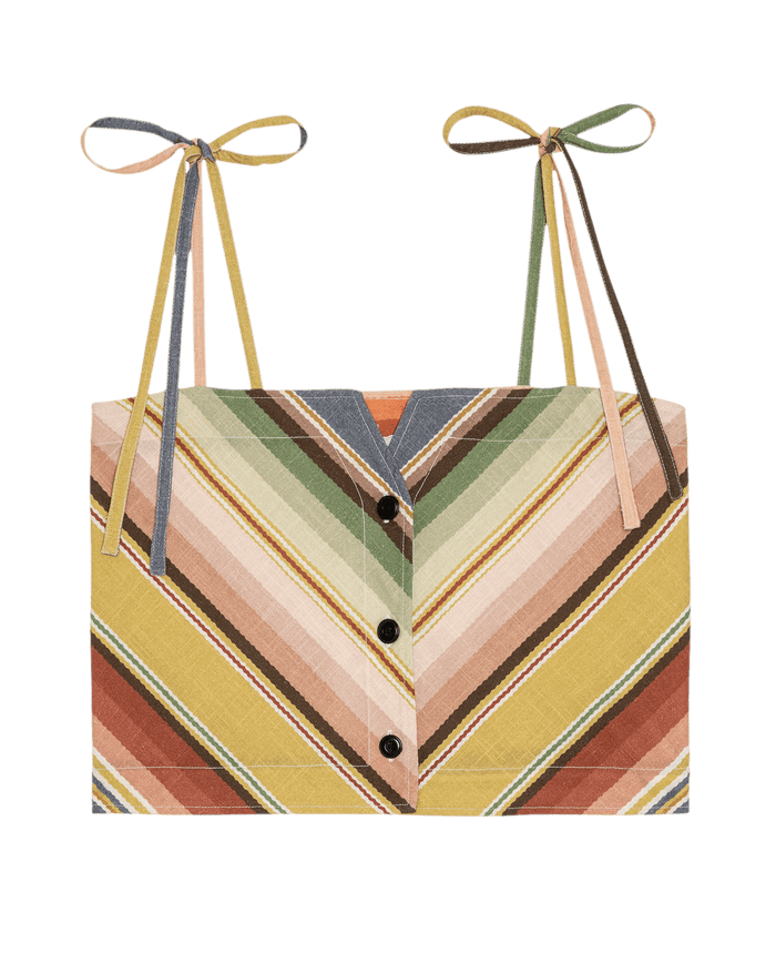 The Folio Tank. -- Davenport Stripe by THE GREAT. PF26 is a cropped tank top with multicolored chevron stripes, button front, and thin bow-tied shoulder straps.