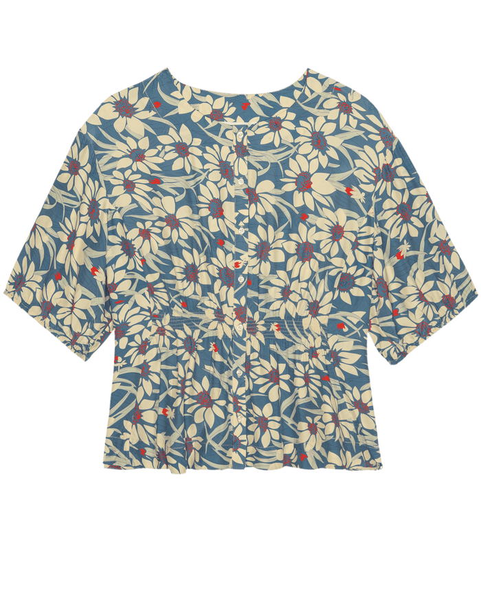 The Hayflower Top by THE GREAT. SP26 D2 features a 1940s-inspired peplum design with short sleeves, a blue scattered bloom print with cream florals and red accents, plus a loose fit and gathered waist for vintage style.