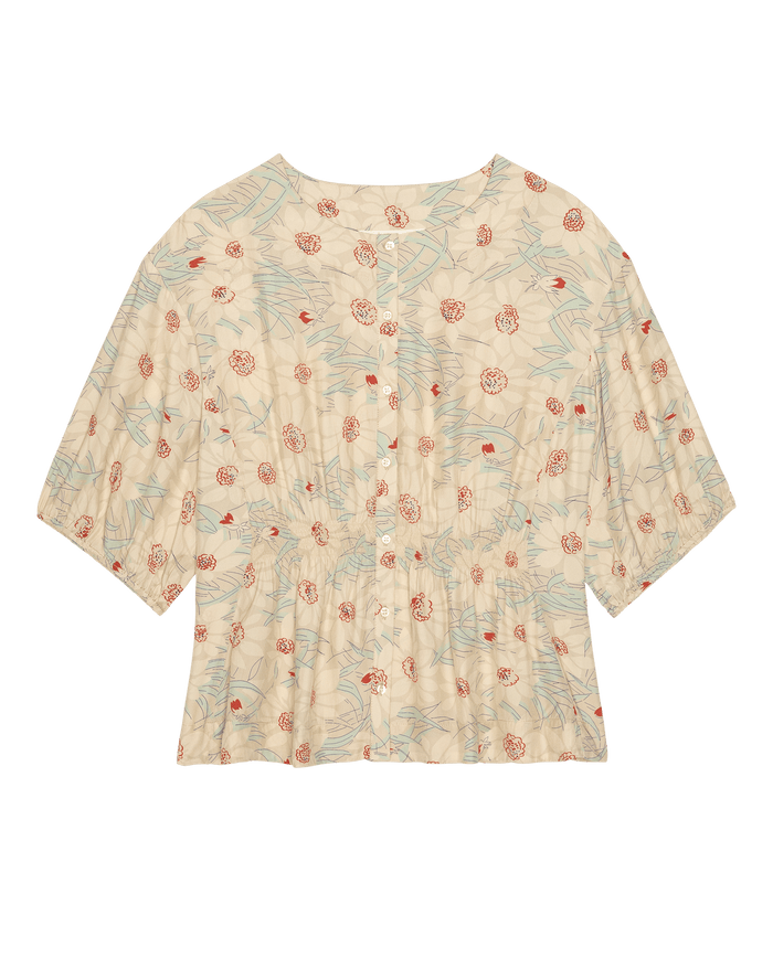 The Hayflower Top by THE GREAT. SP26 D2 features a champagne hue with scattered bloom print, short sleeves, and a button-down front for a chic floral look.
