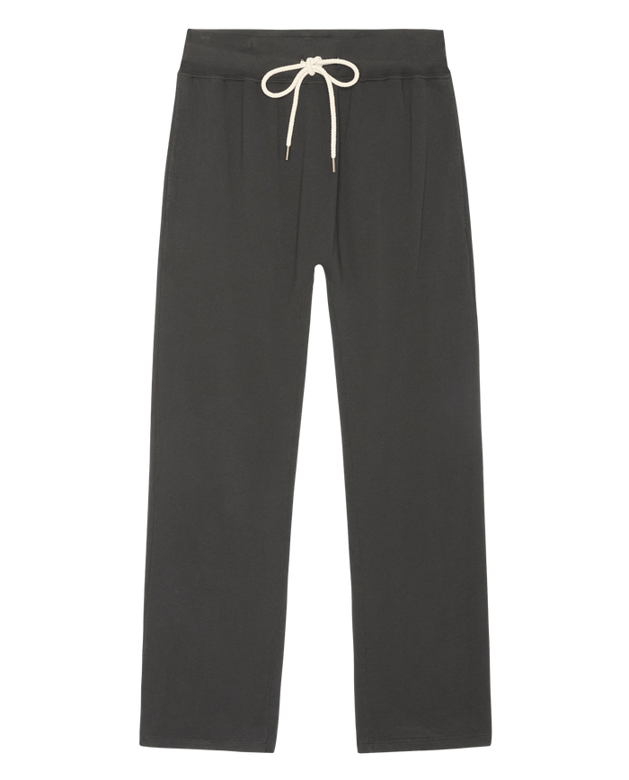 The Horseshoe Sweatpant by SP26 New Knits in Solid -- Almost Black features a relaxed fit, elastic waistband, beige drawstring, and straight legs, shown against a plain white background.