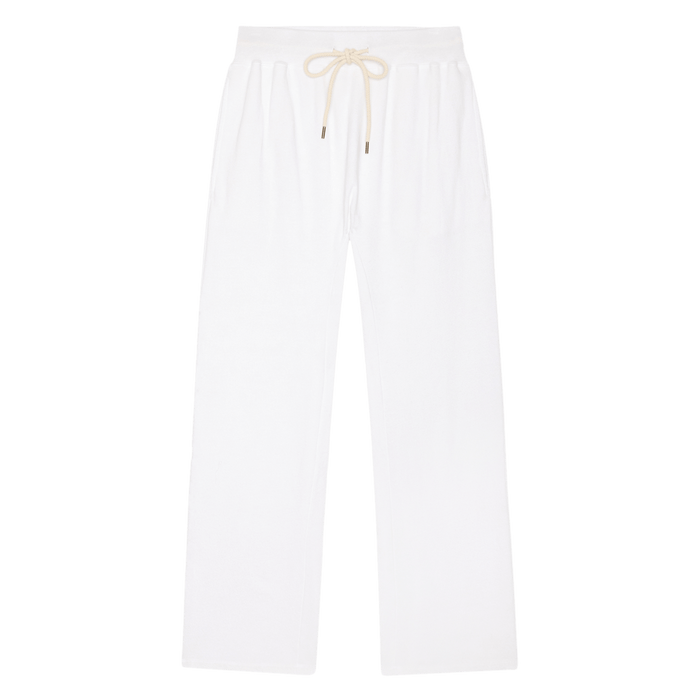 The Horseshoe Sweatpant in Solid True White by SP26 New Knits features a wide-leg silhouette and beige drawstring, shown laid flat on a white background.