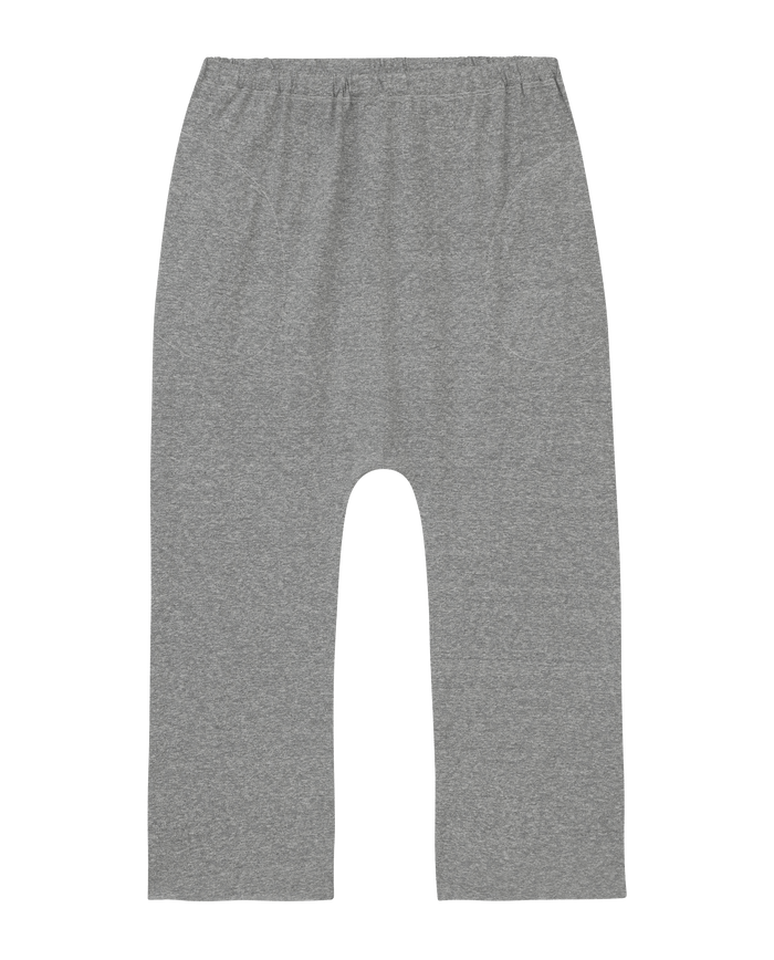 The Jersey Crop by THE GREAT. CORE KNITS in Heather Grey is laid flat against a white background, showcasing elastic-waist pants with a dropped rise and wider straight legs for ultimate comfort.