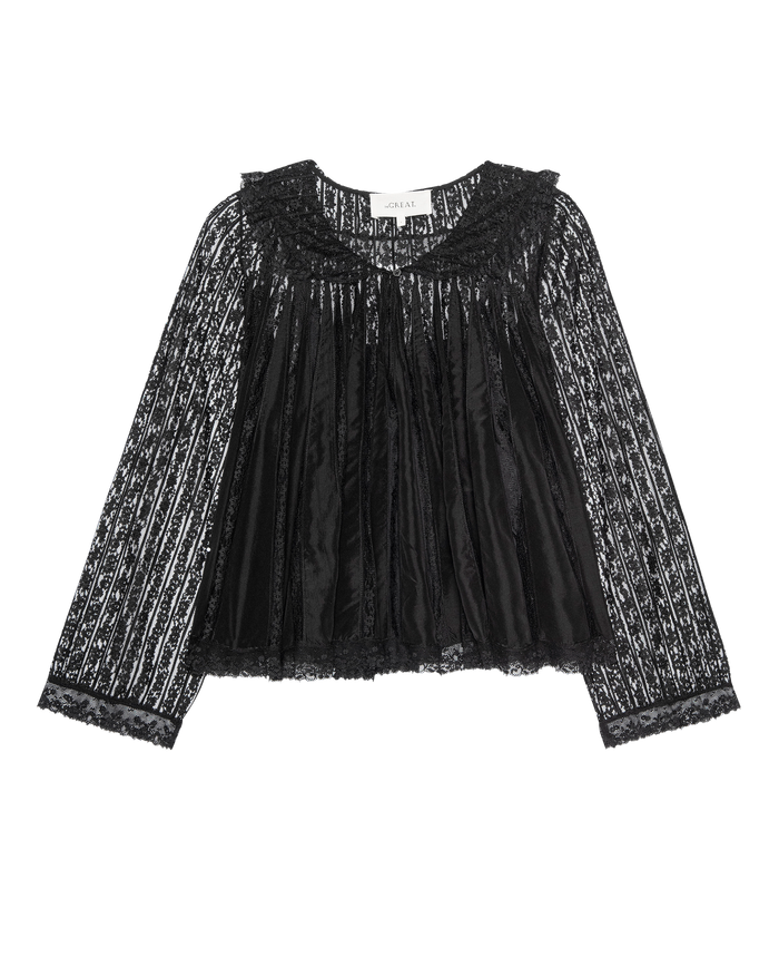 The Keepsake Lace Collared Top by THE GREAT. H25 COLLECTION features sheer lace sleeves, a lace collar and trim, and a loose, flowy fit in black—an essential keepsake piece for any wardrobe.